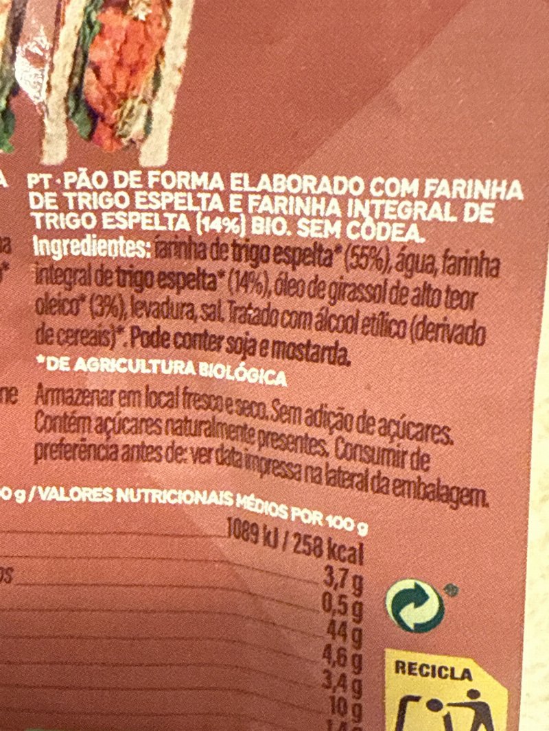 Foto da lista de ingredientes