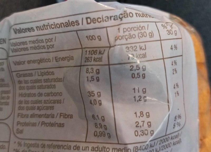Foto da tabela nutricional