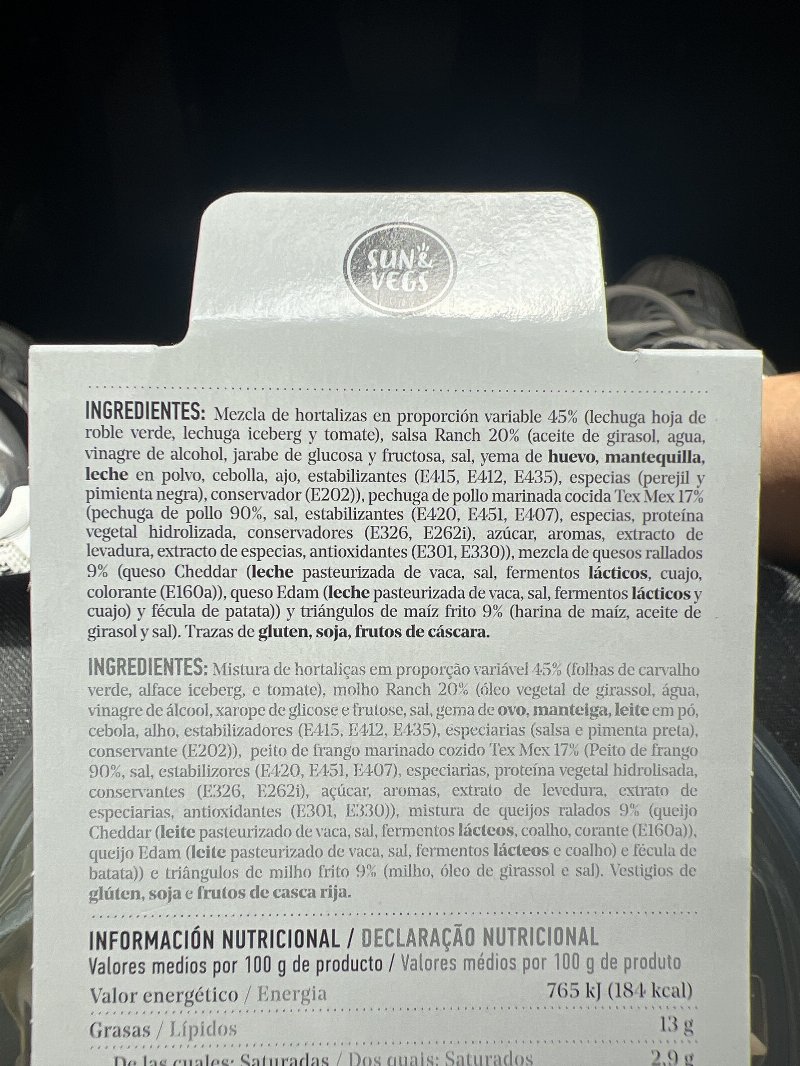 Foto da lista de ingredientes