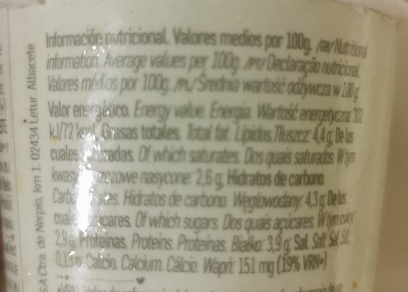 Foto da tabela nutricional