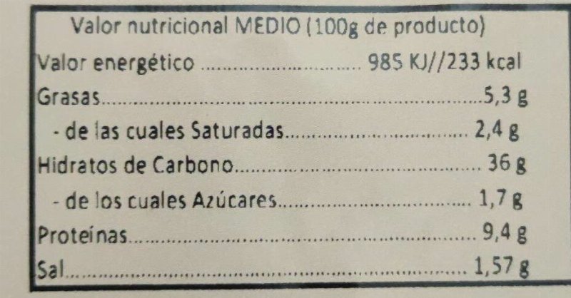 Foto da tabela nutricional