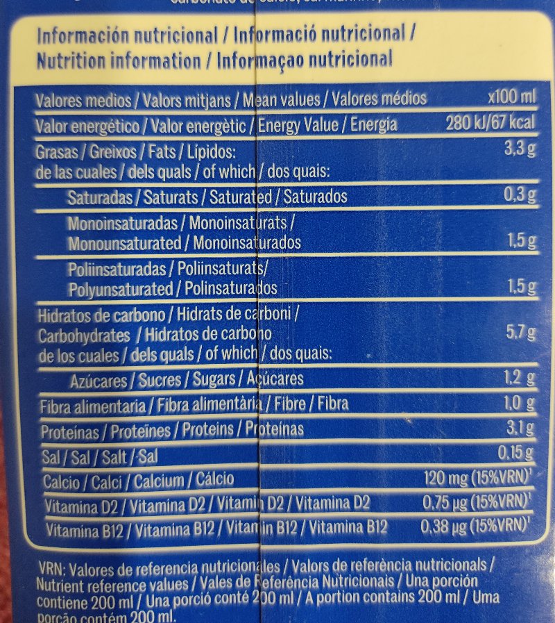 Foto da tabela nutricional
