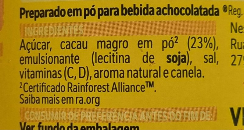 Foto da lista de ingredientes
