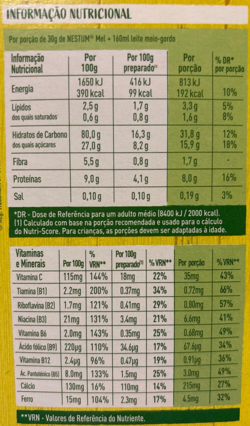 Foto da tabela nutricional