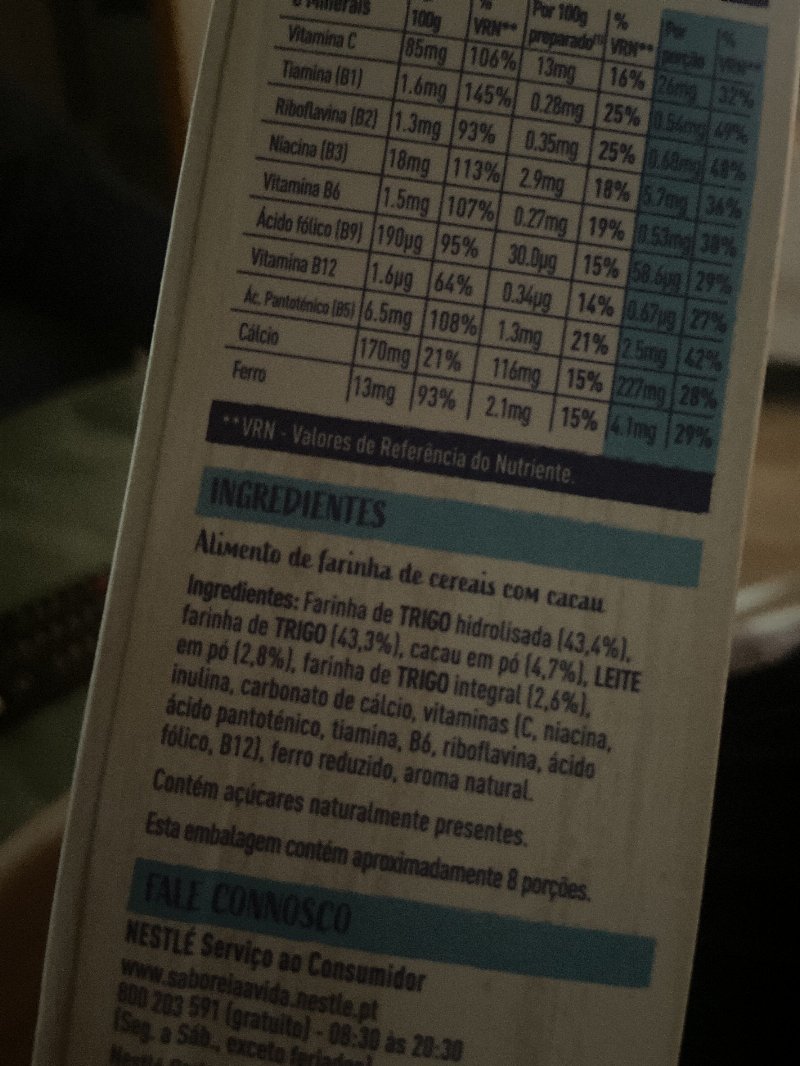 Foto da lista de ingredientes
