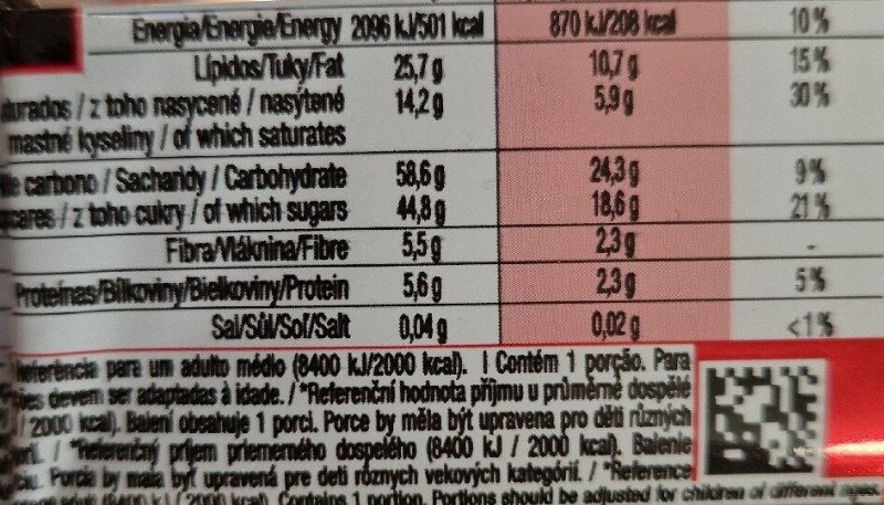 Foto da tabela nutricional