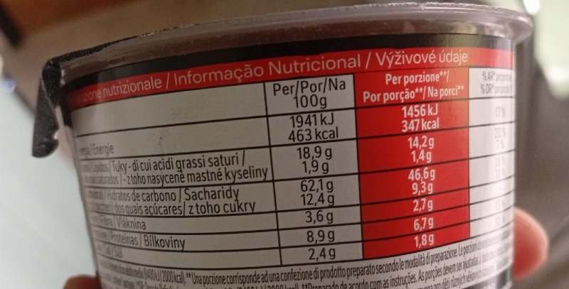 Foto da tabela nutricional