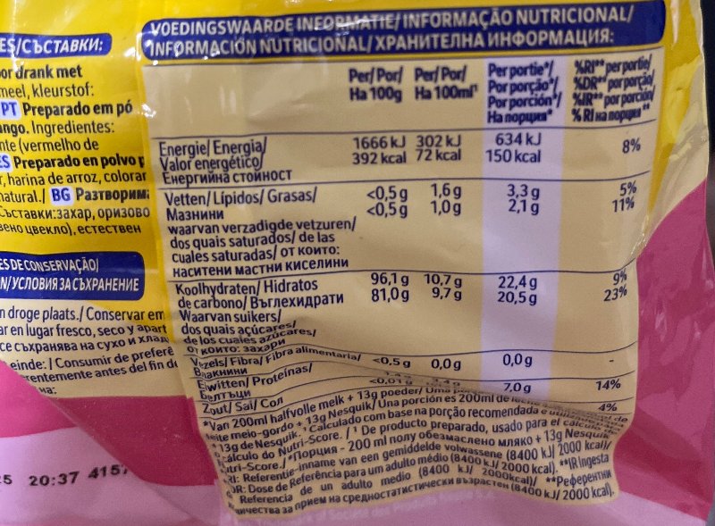 Foto da tabela nutricional