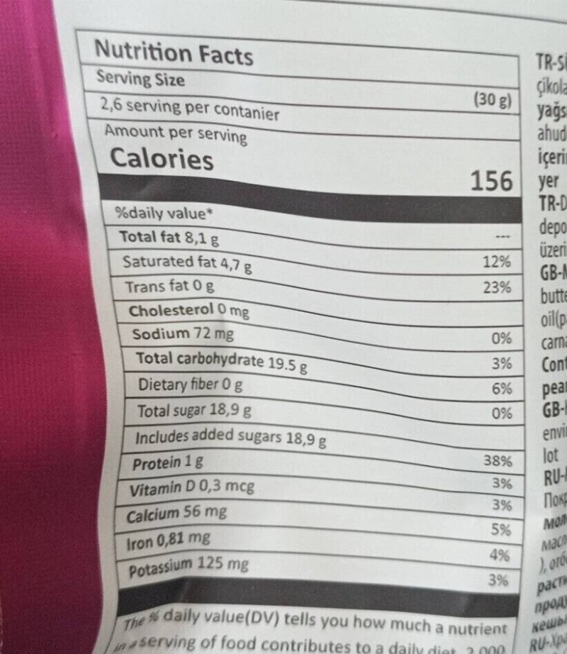 Foto da tabela nutricional
