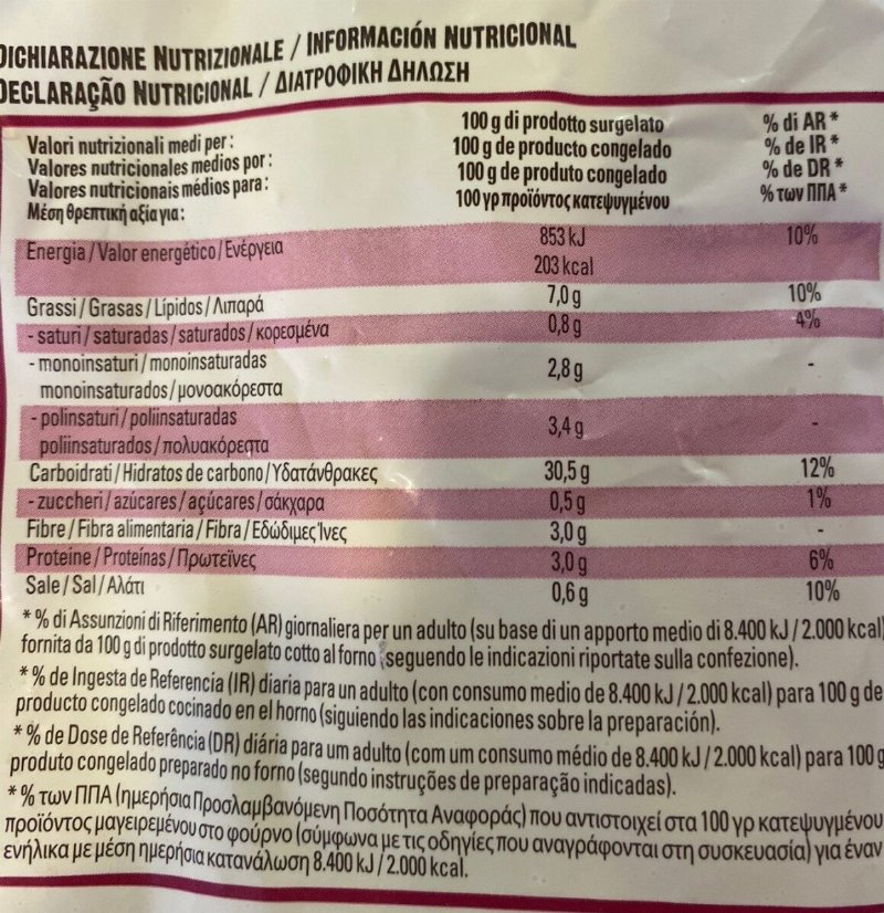 Foto da tabela nutricional