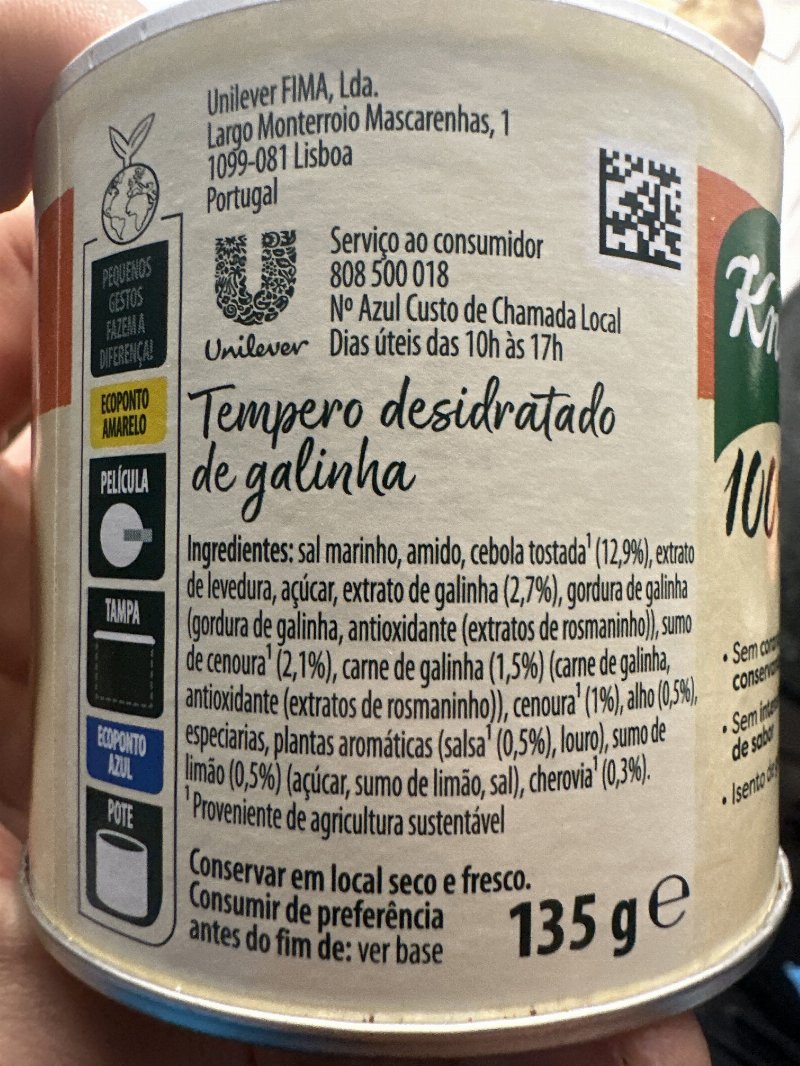 Foto da lista de ingredientes
