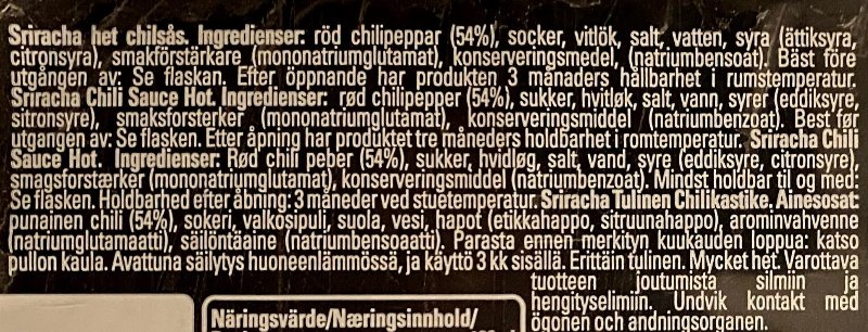 Foto da lista de ingredientes