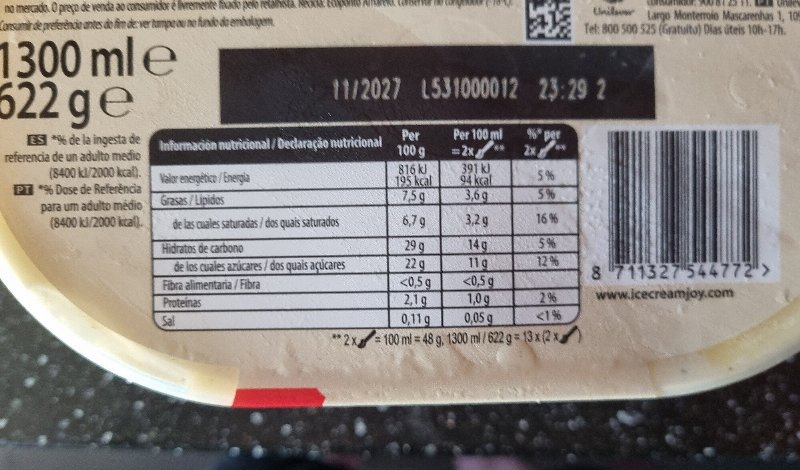 Foto da tabela nutricional