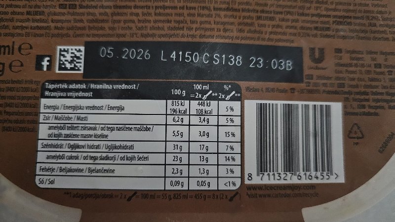 Foto da tabela nutricional