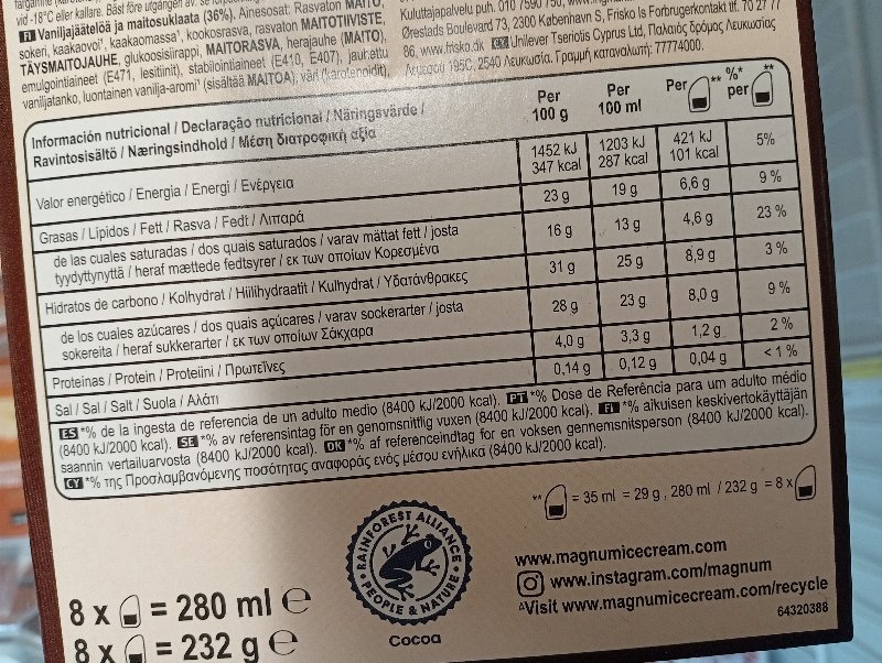 Foto da tabela nutricional