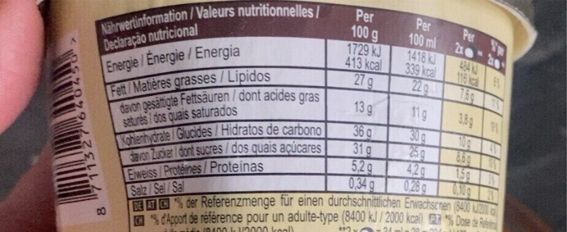 Foto da tabela nutricional