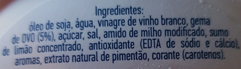 Foto da lista de ingredientes