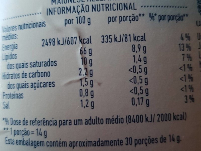 Foto da tabela nutricional
