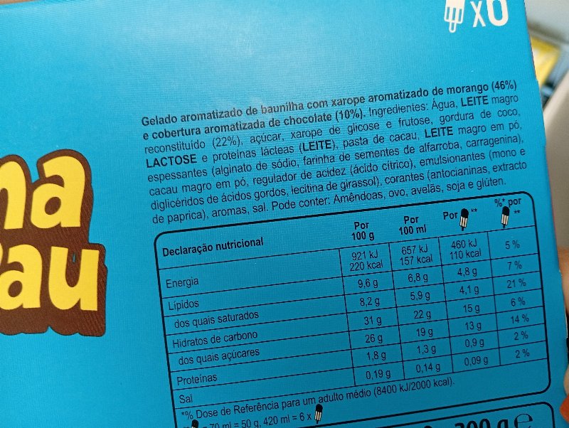 Foto da lista de ingredientes