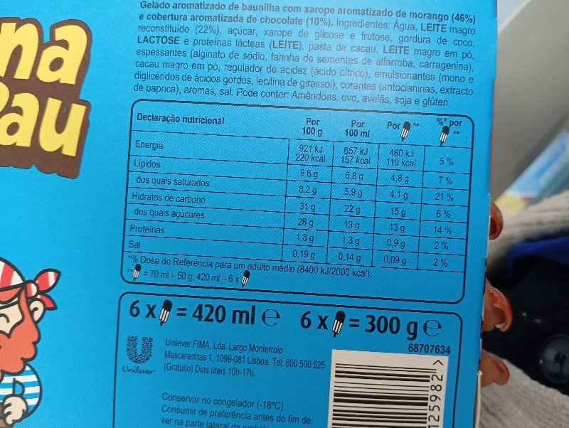 Foto da tabela nutricional