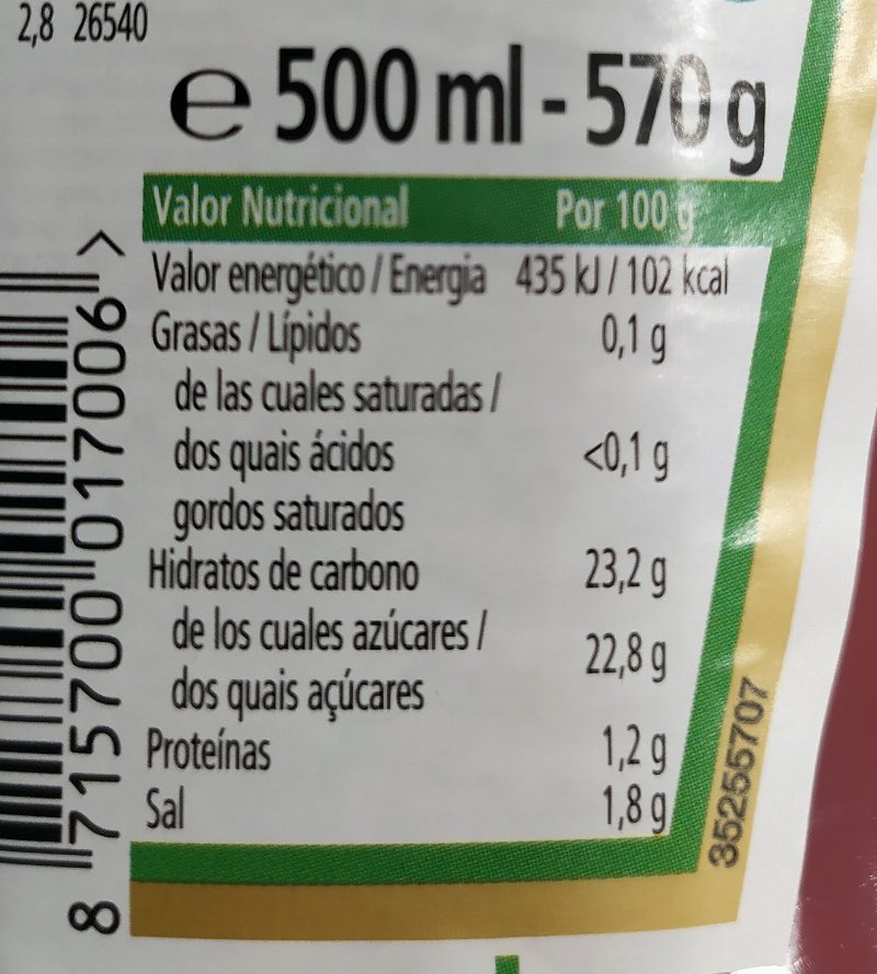 Foto da tabela nutricional