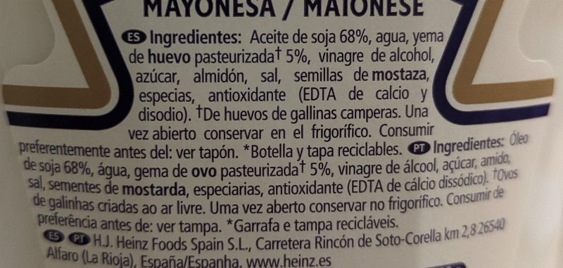 Foto da lista de ingredientes