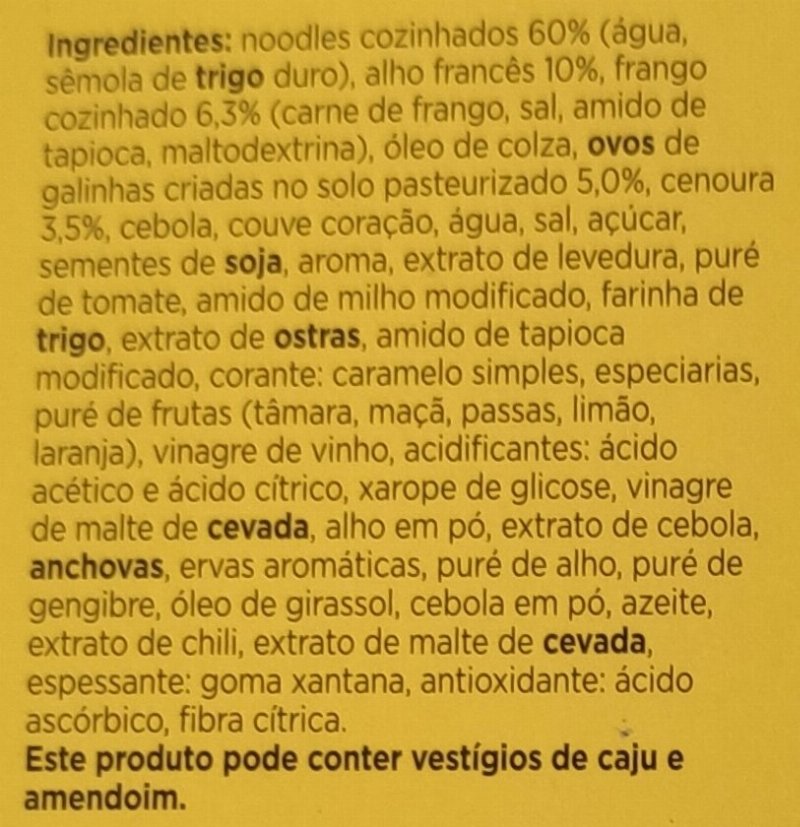 Foto da lista de ingredientes