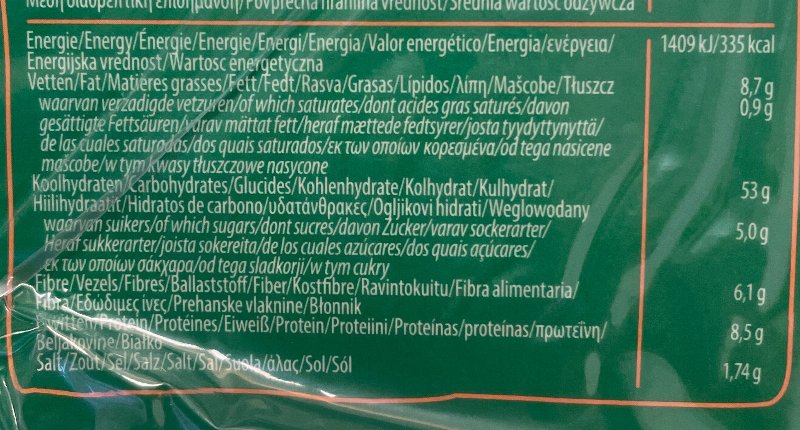 Foto da tabela nutricional