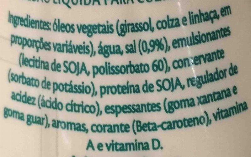 Foto da lista de ingredientes