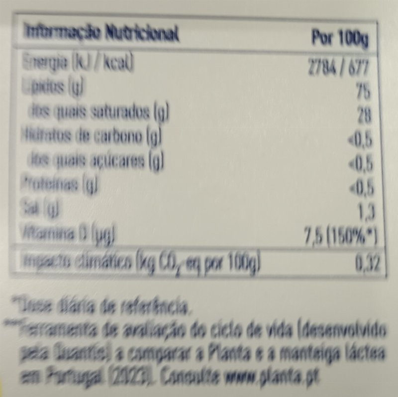 Foto da tabela nutricional