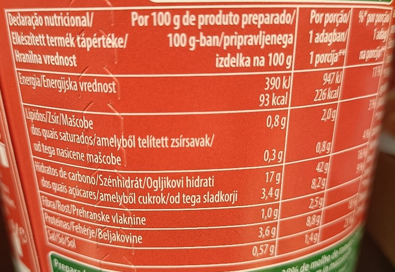 Foto da tabela nutricional