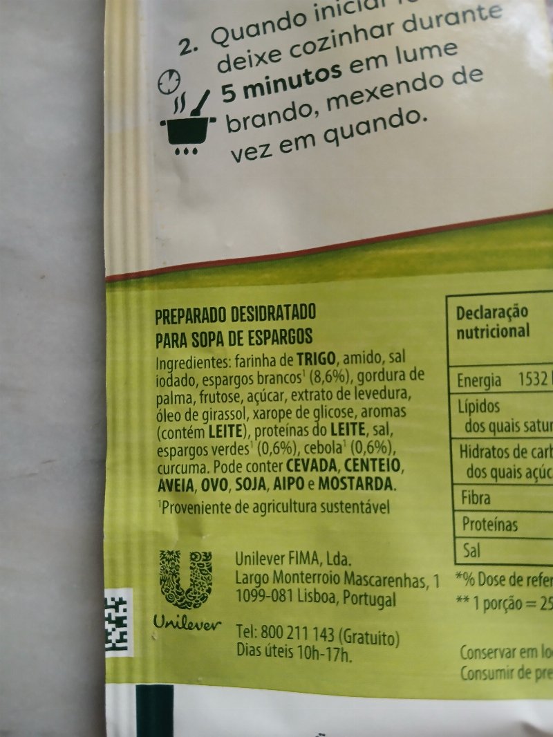 Foto da lista de ingredientes