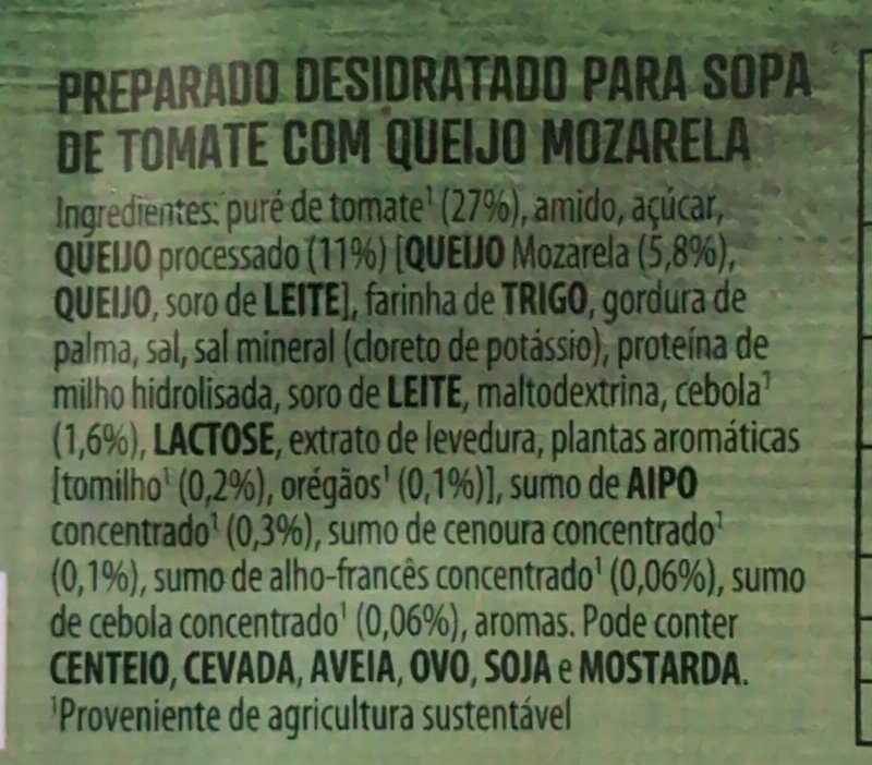 Foto da lista de ingredientes