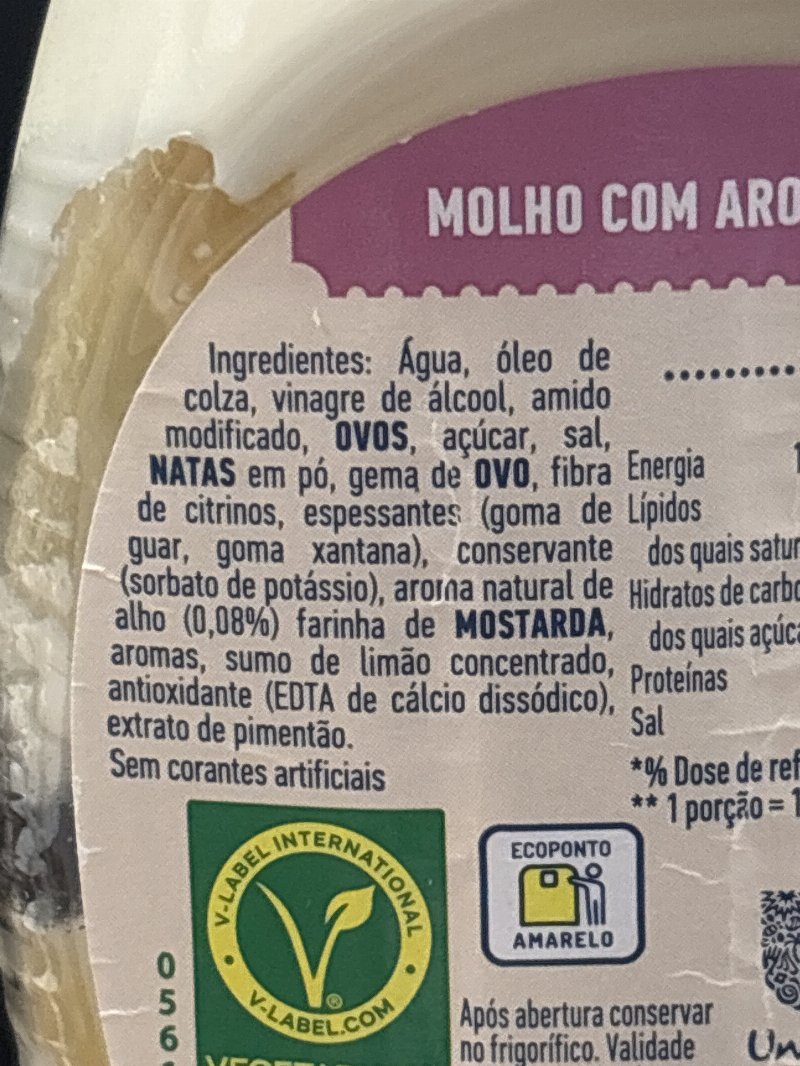 Foto da lista de ingredientes