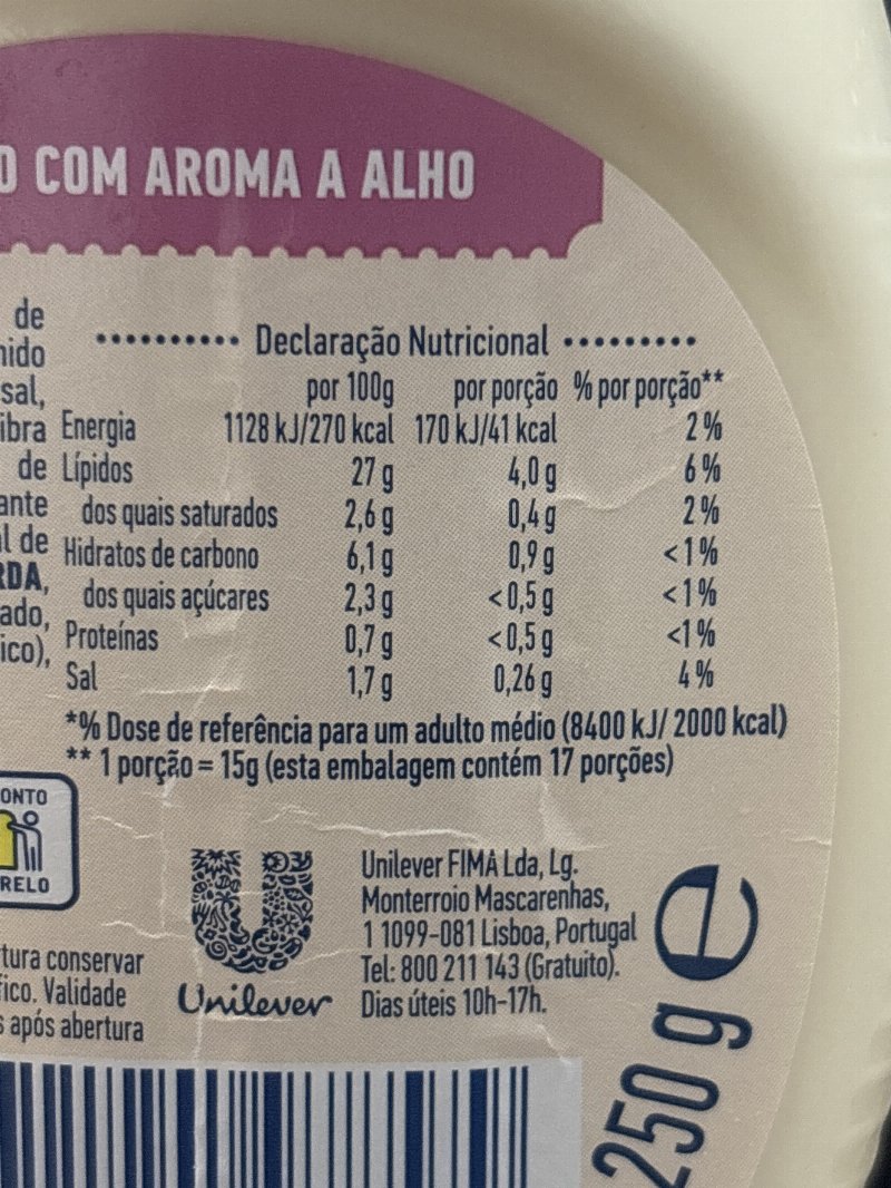 Foto da tabela nutricional