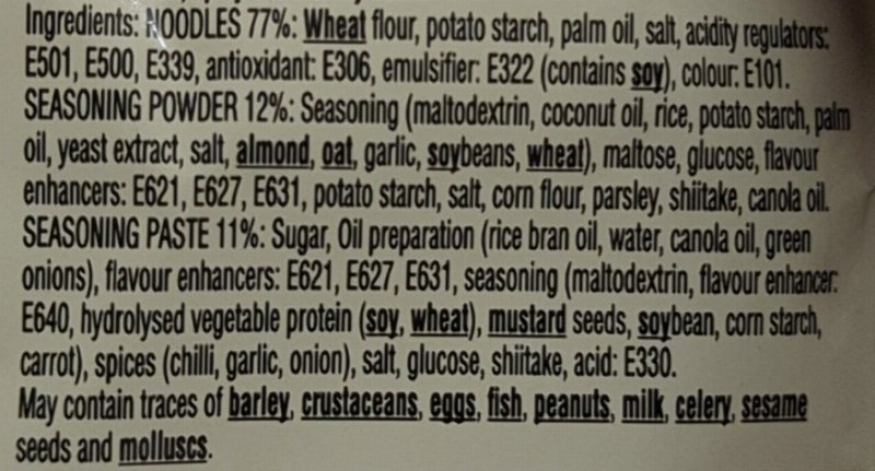 Foto da lista de ingredientes