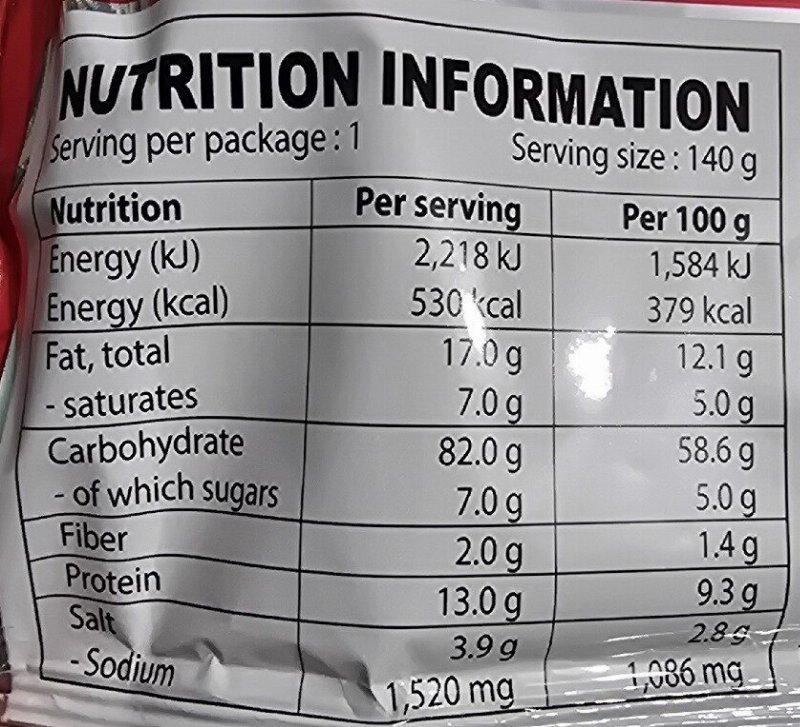 Foto da tabela nutricional