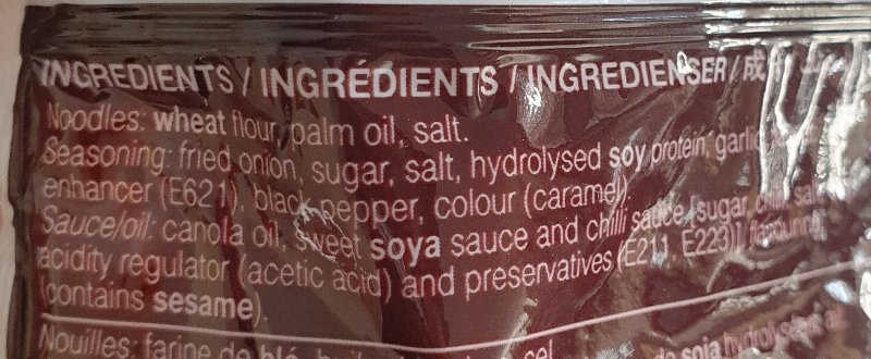 Foto da lista de ingredientes