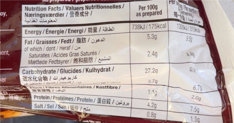 Foto da tabela nutricional
