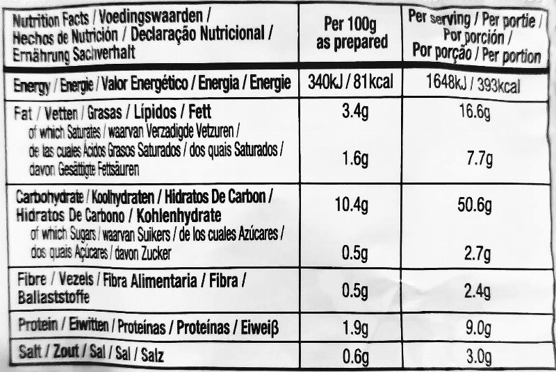 Foto da tabela nutricional