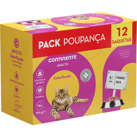 Comida Húmida Para Gato Adulto Esterilizado Saquetas Pack Poupança Continente 12 X 100 g