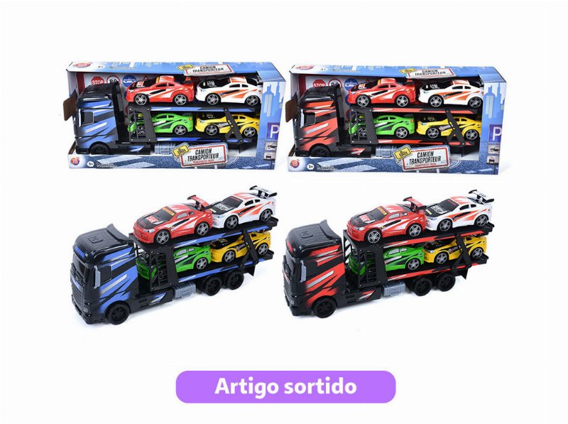 Camião Com Atrelado One Two Fun 1/18 Com 4 Carros Modelos Sortidos