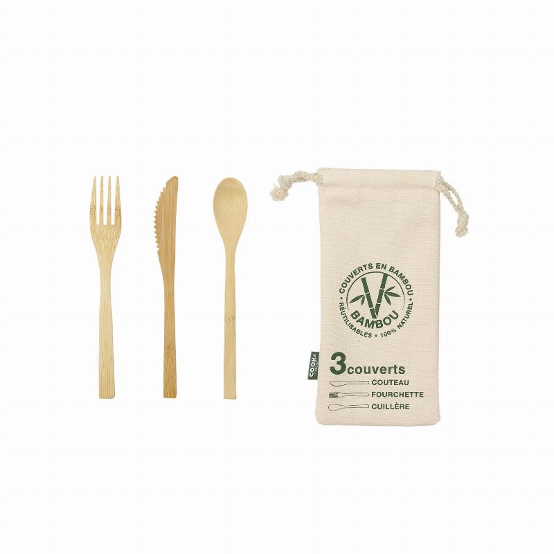 Hkh Conjunto 3 Talheres Reutilizáveis Bambu Com Bolsa