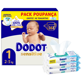 Conjunto Fraldas Sensitive 2-5 kg T1 E Toalhitas Bebé Aqua Pure Dodot 168 Un + 96 Un + Oferta 48 Un