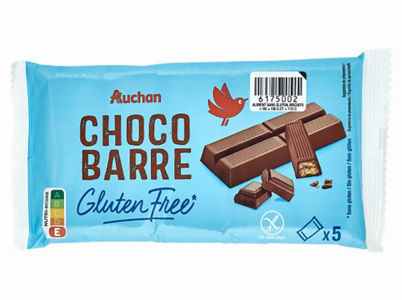 Barra Waffer Auchan Sem Glúten Coberta Com Chocolate 5Un 107.5 g