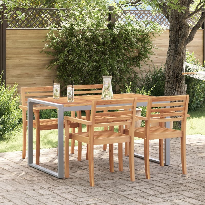 Mesa De Jantar Ao Ar Livre Hkh Cinza 140X80X75 Cm Aço E Madeira Sólida De Acácia - Cinzento