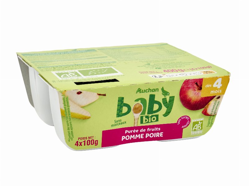 Tacinha Fruta Auchan Baby Bio Maçã E Pera Sem Glúten 4X100 g