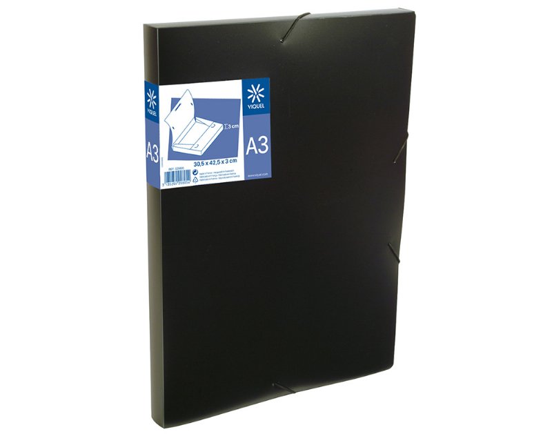 Capa Com Elásticos A3 E Abas Viquel Preto Em Plástico Lombada 3Cm