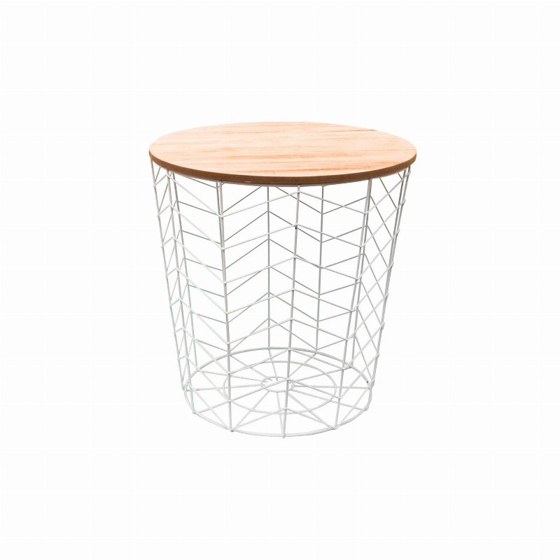 Mesa De Apoio Redonda Tampo Madeira E Estrutura Metal Branca Chevron