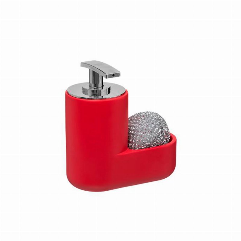 Dispensador Detergente Louça Vermelho Com Suporte E Esfregão